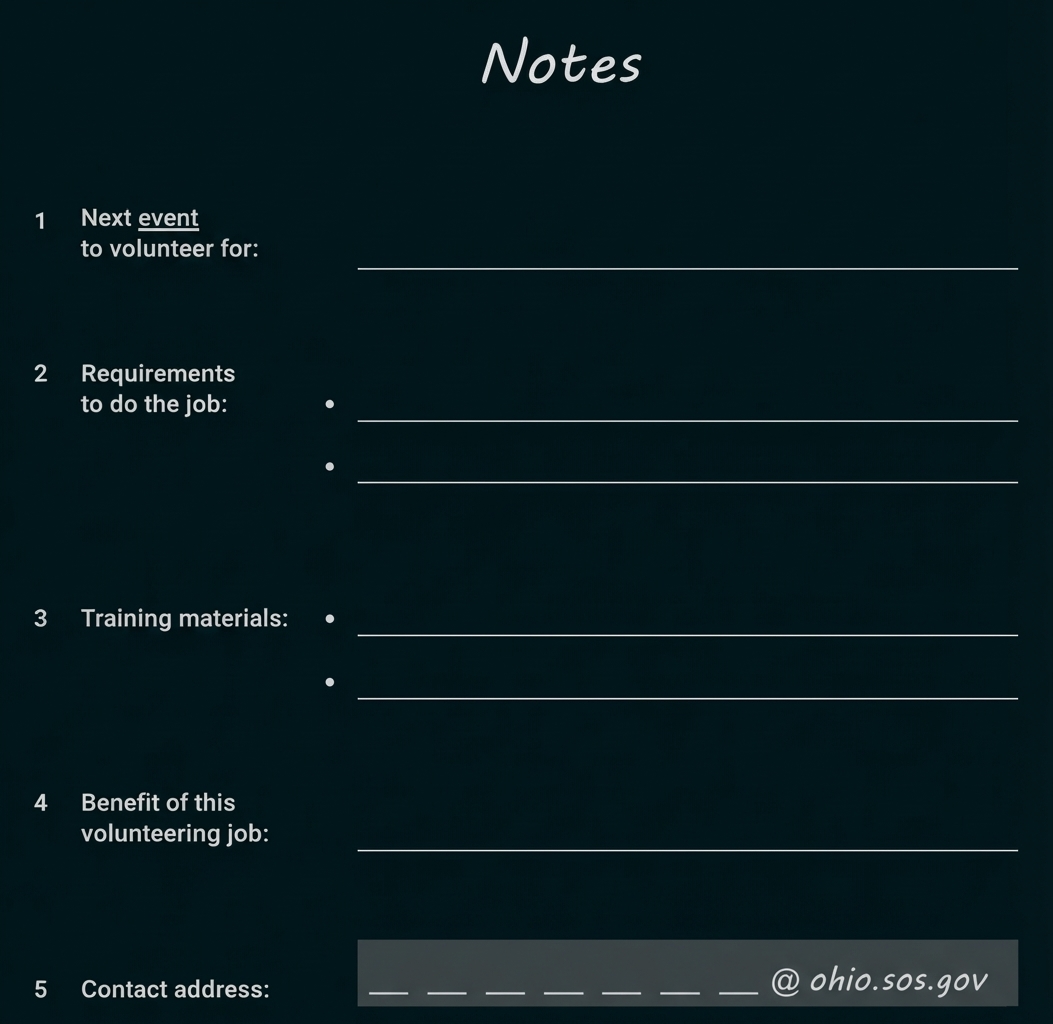 Notizformular 'Notes' für Freiwilligenarbeit mit Feldern: nächstes Event, Anforderungen, Trainingsmaterialien, Nutzen, Kontaktadresse